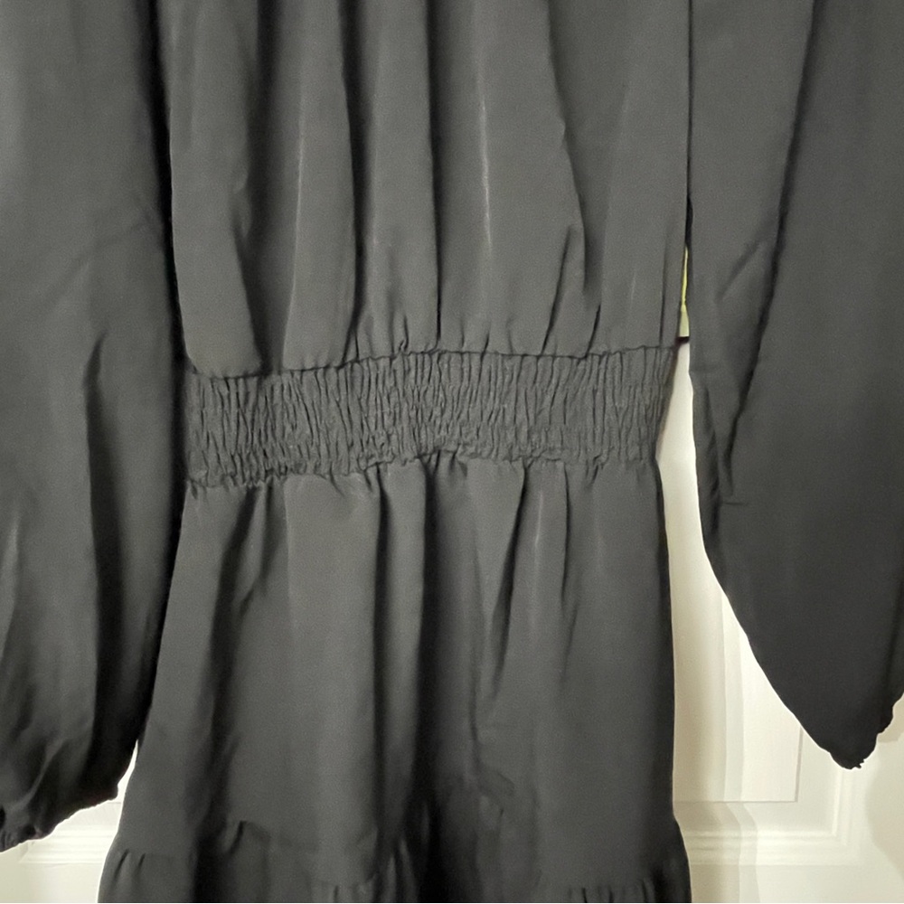 Nine. Eight New York Black Tie Neck Smocked Waist Tiered Mini Dress Medium - Picture 4 of 9